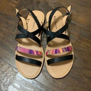 Black and iridescent rose gold strap sandals